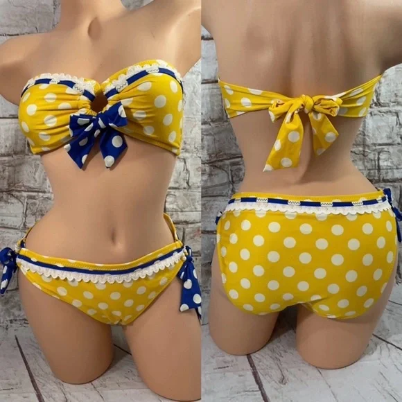 Betsy Johnson RARE Yellow Polka Dot Bikini with Blue Bow - Picture 16 of 16
